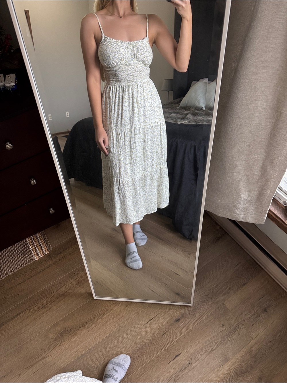 White Floral Smocked Midi Dress